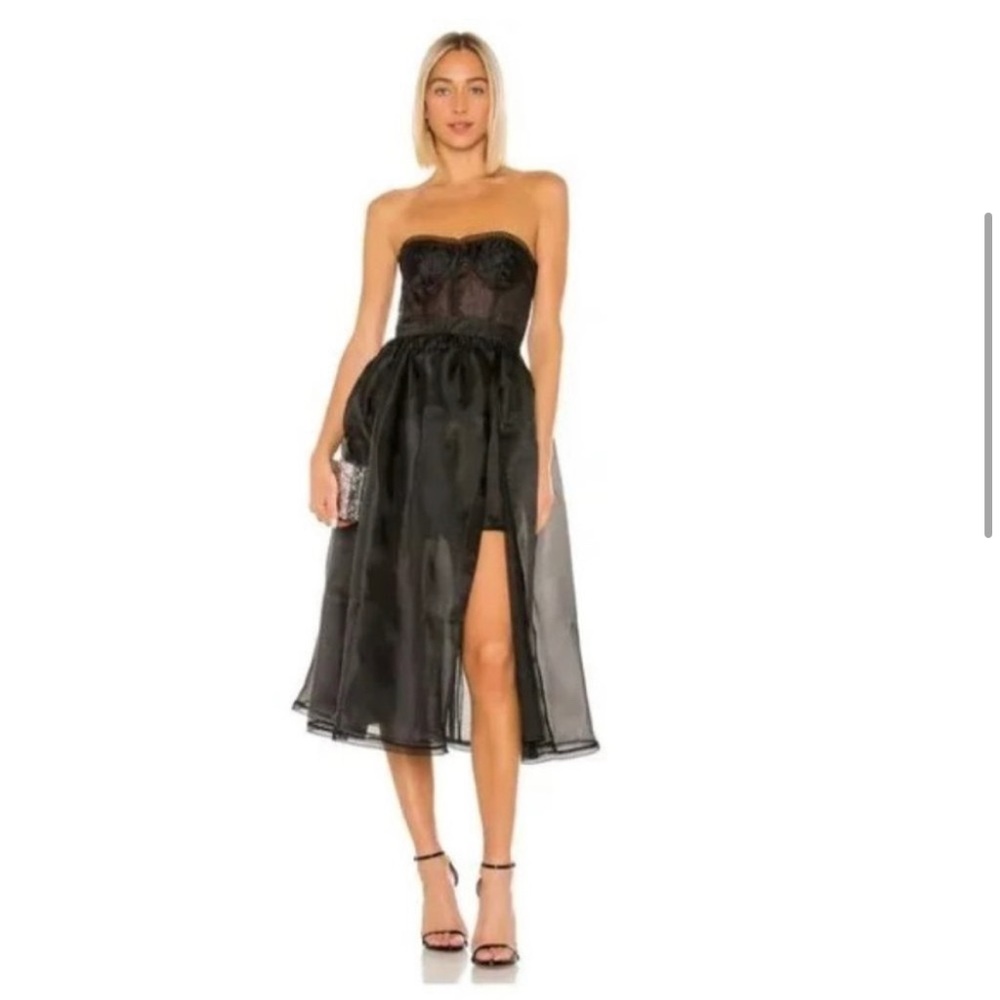 NBD Corset Midi Dress Small (S) Black Strapless Cocktail Lace Trim Gown